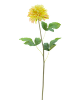De Kunstbloem Dahlia Real Touch Champagne 73 cm heeft een enkele champagnekleurige dahliabloem met groene bladeren op een lange steel, tegen een witte achtergrond.