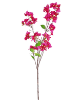 De Kunstbloem Bougainvillea 120 cm roze heeft een enkele tak met meerdere trossen felroze bloemen en een paar groene bladeren, allemaal prachtig gerangschikt en geïsoleerd op een witte achtergrond.
