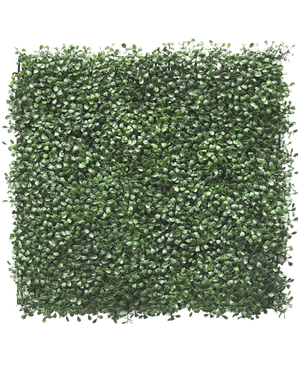 De Kunsthaag Buxus 50x50 cm UV is een vierkant paneel van dichte, groene kunst buxusbladeren die dicht op elkaar staan voor een weelderige, bladerige textuur.