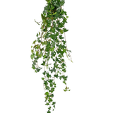 De Kunst hangplant Klimop deluxe 120 cm groen heeft lange, groene ranken met hartvormige bladeren, perfect om een vleugje natuurlijke schoonheid toe te voegen tegen een effen witte achtergrond.