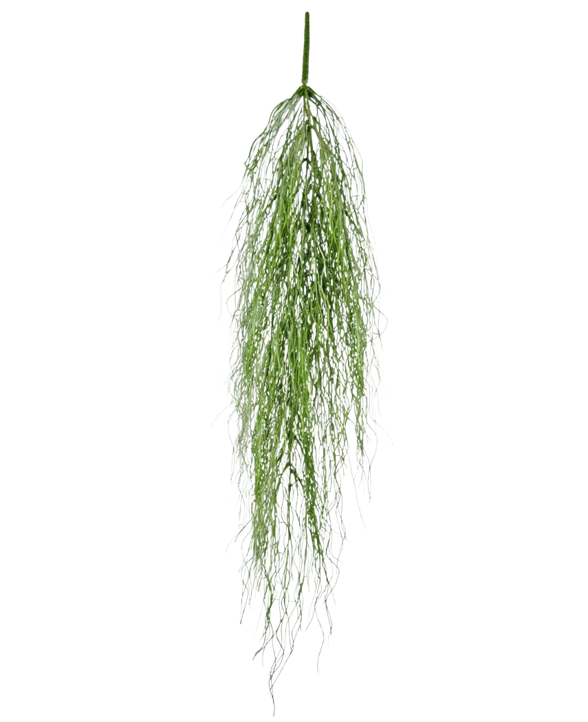 De Kunst hangplant Kelp gras 91 cm heeft een enkele stengel van donzig groen kunstloof met lange, dunne bladeren die sierlijk neervallen tegen een effen witte achtergrond.