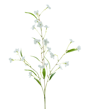 De Kunstbloem Alstroemeria Real Touch Wit 100 cm heeft slanke groene bladeren en kleine witte bloemen op een delicate steel, tegen een effen witte achtergrond.