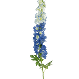 De Kunstbloem Delphinium 105 cm blauw heeft een enkele lange steel met blauw-witte bloemen en groene bladeren, tegen een effen witte achtergrond.