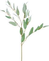 De Kunsttak Eucalyptus 86 cm groen heeft een enkele tak met slanke, ovale groene bladeren en dunne lichtbruine stengels op een witte achtergrond.