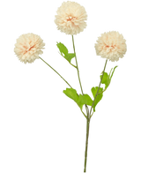 Drie roze Kunstbloem Jilly bloemen, elk 70 cm hoog met gelaagde bloemblaadjes op groene stelen en bladeren, geïsoleerd op een witte achtergrond.