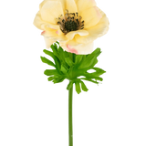 De Kunstanemoon Real Touch geel 52cm is een levensechte kunstanemoon met een lichtgele bloem, donker hart, lichtgroene diep gelobde bladeren en een lange groene steel, perfect voor decoratie en op een witte achtergrond.