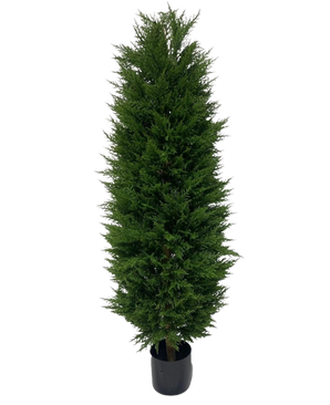 De Kunstplant Conifeer UV 180cm is een hoge, smalle kunstconifeer met dicht groen gebladerte, gepresenteerd in een zwarte plastic pot en geïsoleerd op een witte achtergrond.