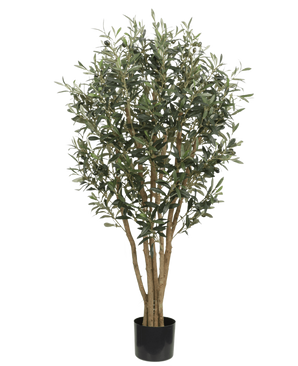 De Kunst olijfboom UV 120 cm is onderhoudsarm, heeft meerdere slanke stammen en groene bladeren, staat in een zwarte ronde pot, is UV-bestendig en stijlvol geïsoleerd op een witte achtergrond.