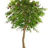 De Kunst Appelboom 240 cm is een hoge boom in pot met een dikke stam, dichte groene bladeren en verschillende rode appels aan de takken tegen een effen witte achtergrond.