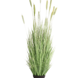 De Kunst Grasplant Groen 180 cm brandvertragend heeft lange, slanke groene sprieten en tarwe-achtige aren in een zwarte pot-ideaal voor stijlvolle interieur decoratie en extra veiligheid.