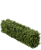 Een Kunst Buxushaag UV 100x20x25 cm rechthoekige haag heeft dichte groene kunst buxusbladeren tegen een effen witte achtergrond.