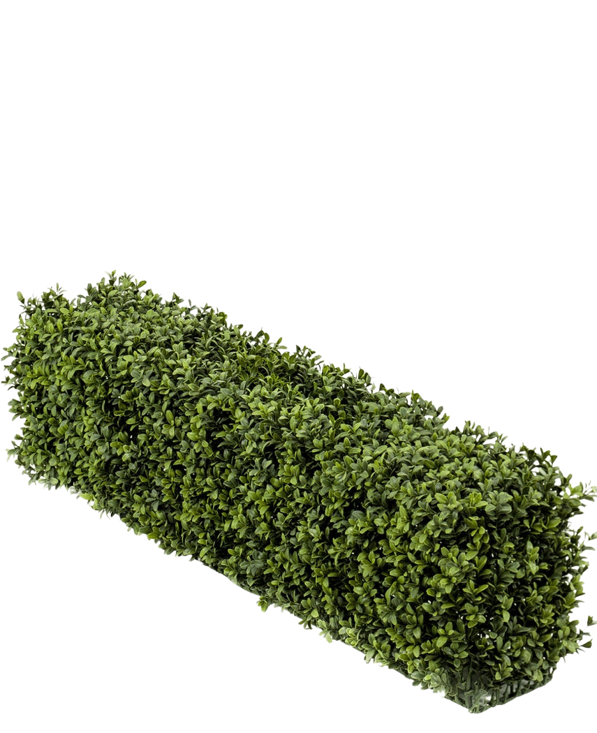 Een Kunst Buxushaag UV 100x20x25 cm rechthoekige haag heeft dichte groene kunst buxusbladeren tegen een effen witte achtergrond.