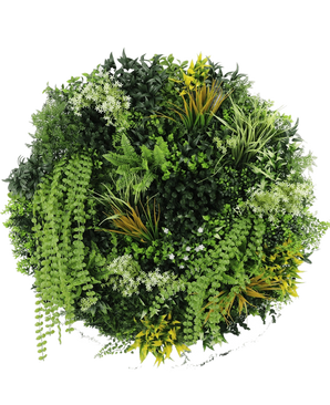 Het Kunsthaag op Zwart Frame Ø100 cm heeft een cirkelvormige opstelling van weelderige groene planten, waaronder varens, lianen en stekelige bladeren, die zorgen voor een levendige weergave met gevarieerde tinten en texturen van groen.