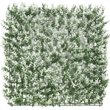 De Kunsthaag Buxus wit 50x50 cm UV is een vierkant kunst buxuspaneel met kleine witgetipte blaadjes op een kunststof rooster, afgebeeld op een witte achtergrond.