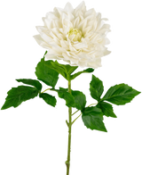 De Kunst Georgine Real Touch wit 70cm heeft een enkele witte dahlia met gelaagde bloemblaadjes en groene bladeren op een lange steel, tegen een effen witte achtergrond.