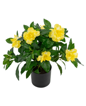 De Kunstplant Gardenia 39 cm heeft weelderige groene bladeren en levendige gele bloemen in een eenvoudige zwarte pot, tegen een witte achtergrond.