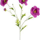 De Kunst Klaproos Real Touch Paars 65cm heeft een enkele groene steel met drie bloeiende paarse bloemen en verschillende knoppen, elke bloem met een geel hart en delicate groene bladeren, allemaal tegen een effen witte achtergrond.