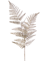 De Kunsttak Asparagus 125 cm zilver heeft drie delicate, lichtbruine varenranken met kanten blaadjes en slanke stengels, prachtig geïsoleerd op een witte achtergrond.
