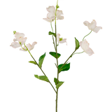 Een enkele Kunst kornoelje Real Touch Wit/roze 74cm heeft lichtroze-witte kunstbloemen van kornoelje en groene bladeren op een lange, slanke steel, tegen een witte achtergrond.