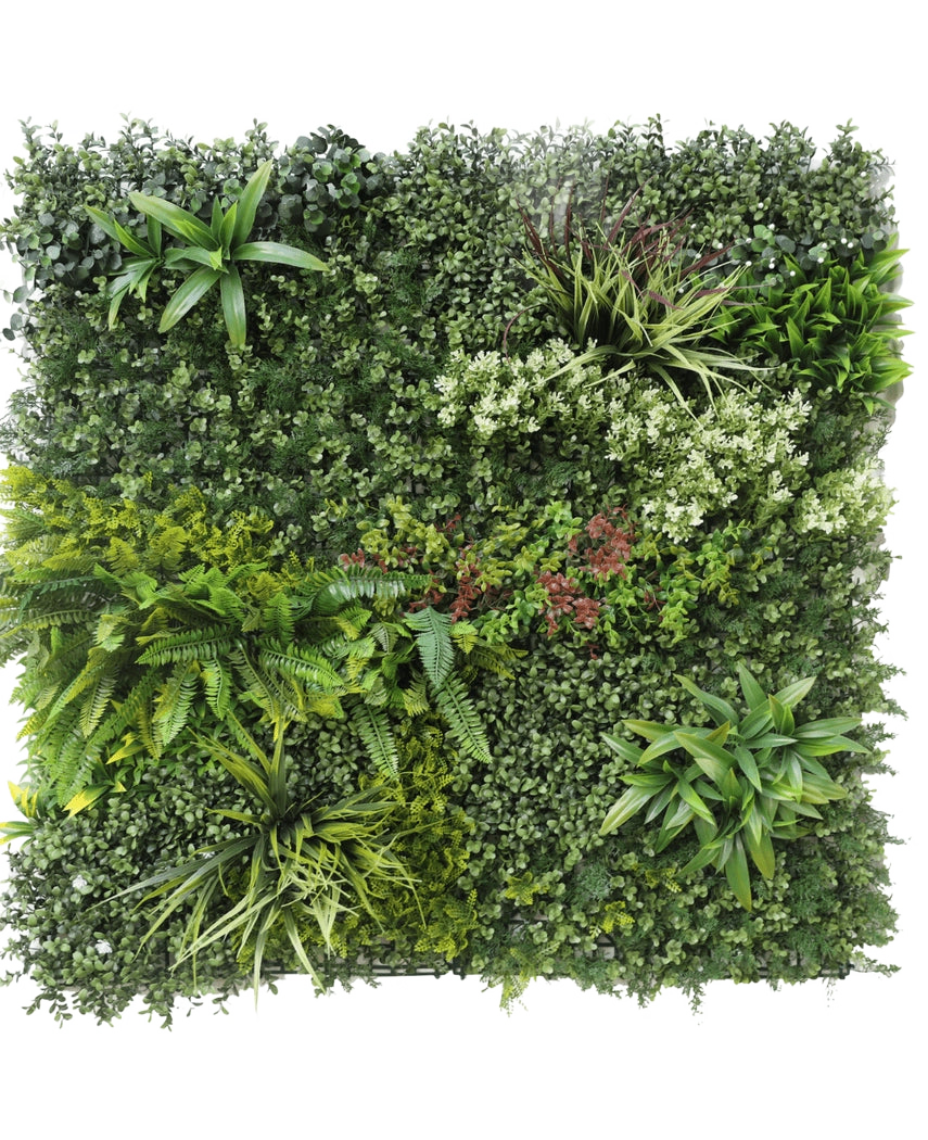 De Kunsthaag Prestige 100x100 cm UV is een vierkant paneel van kunstgroen gebladerte met gemengde bladplanten, varens, gevarieerde texturen en tinten groen, plus clusters van kleine witte en rode bloemen. De achtergrond is wit.