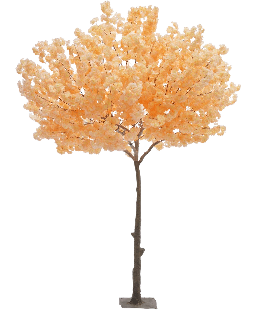 Kunstboom Kersenbloesem Perzik 270 cm met een bruine stam en talrijke zachte, perzik kleurige bloesems, rechtop staand op een rechthoekige voet tegen een witte achtergrond.