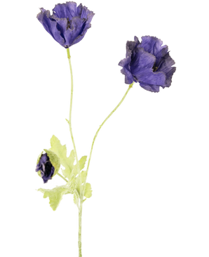De Kunstbloem Papaver 73 cm heeft drie delicate paarse bloemen - twee open, een gedeeltelijk gesloten - met lichtgroene stengels en bladeren, tegen een effen witte achtergrond.