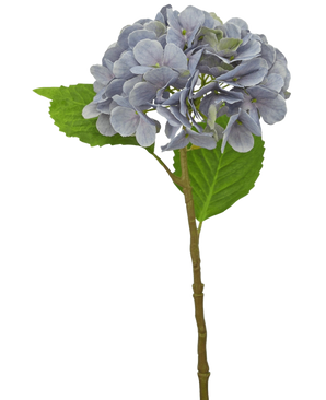 Een enkele stengel van Kunst Hortensia Deluxe 55 cm in paars met groene bladeren, geïsoleerd op een witte achtergrond.