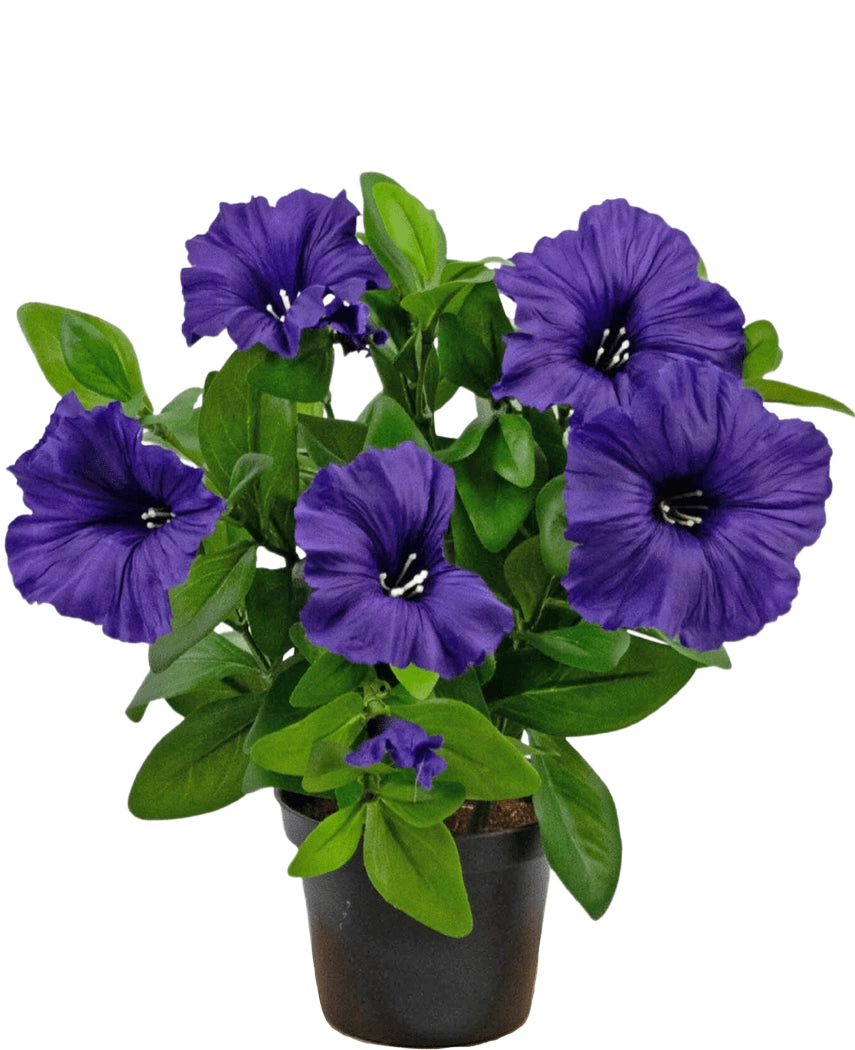 Een Kunstbloem Petunia plant UV 25 cm in paars met weelderige groene bladeren, uitgestald in een pot tegen een effen witte achtergrond.