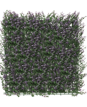 De Kunsthaag Buxus paars 50x50 cm UV is een vierkant paneel met dichte kunstgroene bladeren en trosjes kleine paarse bloemen, waardoor een weelderige decoratieve bladermat ontstaat.
