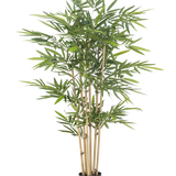 De Kunstplant Bamboe 150 cm brandvertragend heeft hoge, lichtbruine stengels en weelderige groene bladeren. Het biedt blijvende schoonheid en extra brandveiligheid voor elke ruimte binnenshuis, hier afgebeeld tegen een effen witte achtergrond.