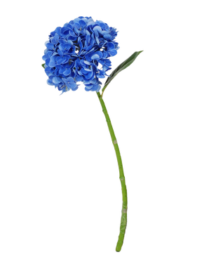 De Kunstbloem Charlotte Hortensia Real Touch in donkerblauw is een 55 cm grote kunstbloem, bestaande uit een enkele bloem met een lange groene steel en twee groene bladeren, perfect voor display tegen een witte achtergrond.