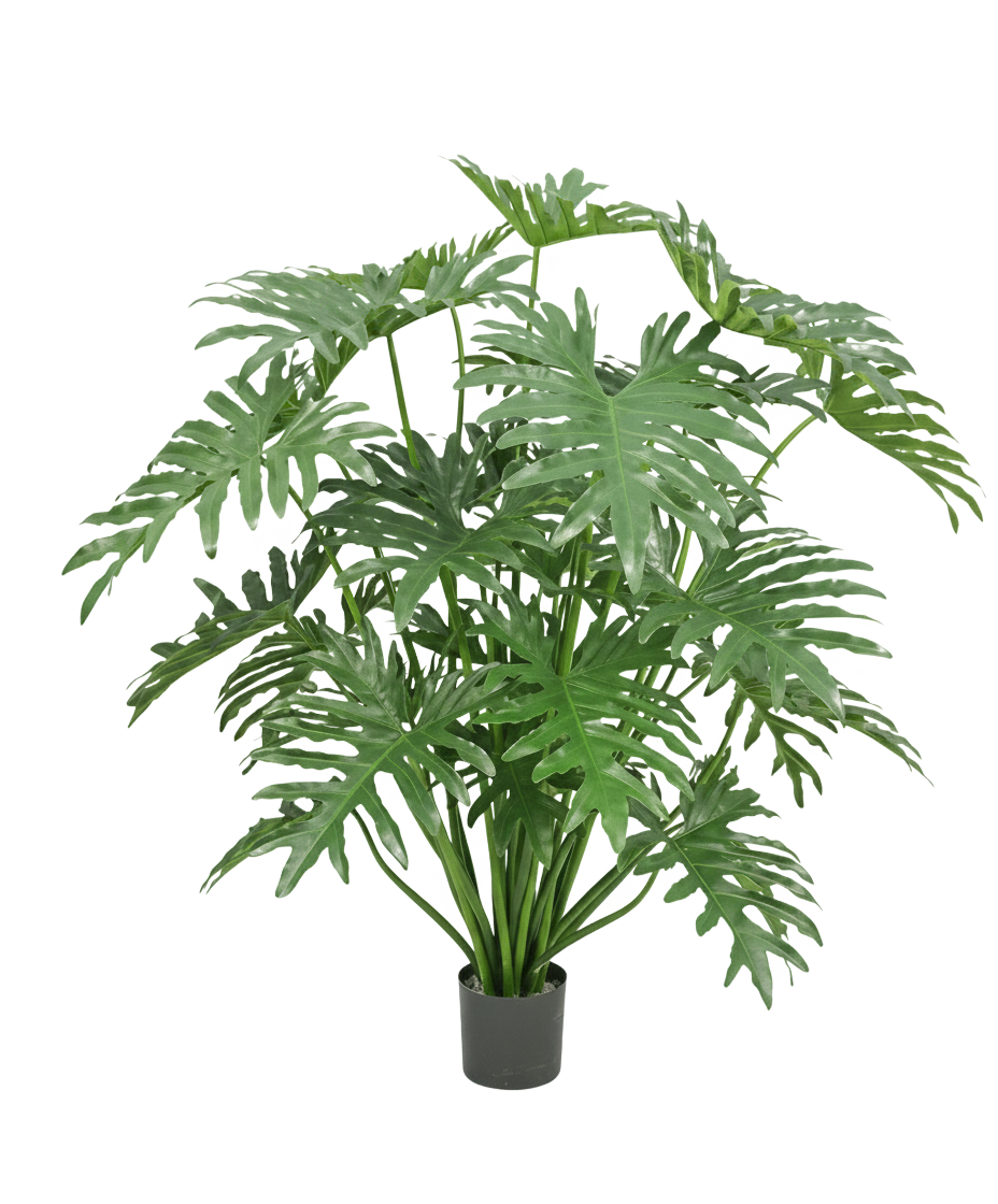 Een Kunstplant Philodendron 125 cm met grote, groene, diep gespleten bladeren tegen een witte achtergrond.