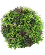 Het Kunsthaag op Zwart Frame Ø100 cm heeft een dichte, cirkelvormige opstelling van groene en paarse bladplanten voor een weelderige, levendige look tegen een witte achtergrond.