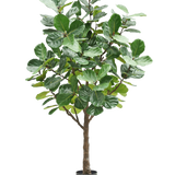 De Kunstboom Tabaksplant 270 cm is een hoge kunstboom met weelderige, grote groene bladeren en een stevige bruine stam, in een kleine zwarte pot tegen een effen witte achtergrond.