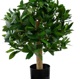 De Kunstplant Laurier UV d40 cm is een kleine kunstboom met dichte groene bladeren in een zwarte pot, afgebeeld tegen een effen witte achtergrond.