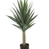 De Kunstplant Yucca 100 cm UV is een hoge kunstyucca met lange, puntige groene bladeren en een dikke stam, tegen een effen witte achtergrond.
