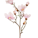 De Kunstmagnoliatak Real Touch Roze 98cm heeft verschillende lichtroze magnolia bloemen en knoppen met zachte bloemblaadjes, een geel hart en bruine stelen, allemaal tegen een witte achtergrond.