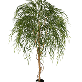 De Kunst Wilgenboom 210 cm is een hoge kunstboom met slanke, hangende groene bladeren en een gedraaide bruine stam tegen een effen witte achtergrond.