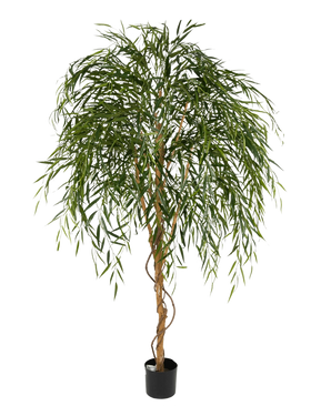 De Kunst Wilgenboom 210 cm is een hoge kunstboom met slanke, hangende groene bladeren en een gedraaide bruine stam tegen een effen witte achtergrond.
