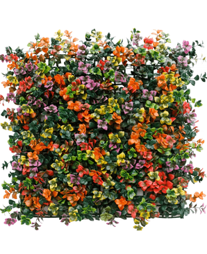 De Kunsthaag Pachysandra multi-color 50x50 cm UV is een vierkant kunstgroen bladerpaneel met dichte trossen kleine oranje, gele, roze en paarse bloemen tegen een witte achtergrond.