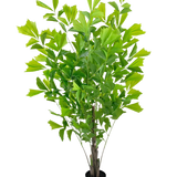 De Kunstplant Fishtailpalm 150 cm is een weelderig groene kamerpotplant met meerdere rechtopstaande stengels en grote, waaiervormige bladeren, gepresenteerd in een eenvoudige zwarte pot tegen een witte achtergrond.