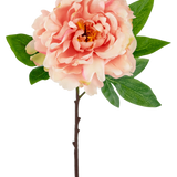 De Kunstbloem Pioenroos 61 cm zacht roze is een roze kunstpioen met gelaagde bloemblaadjes en een geel hart op een steel met groene bladeren, tegen een witte achtergrond.