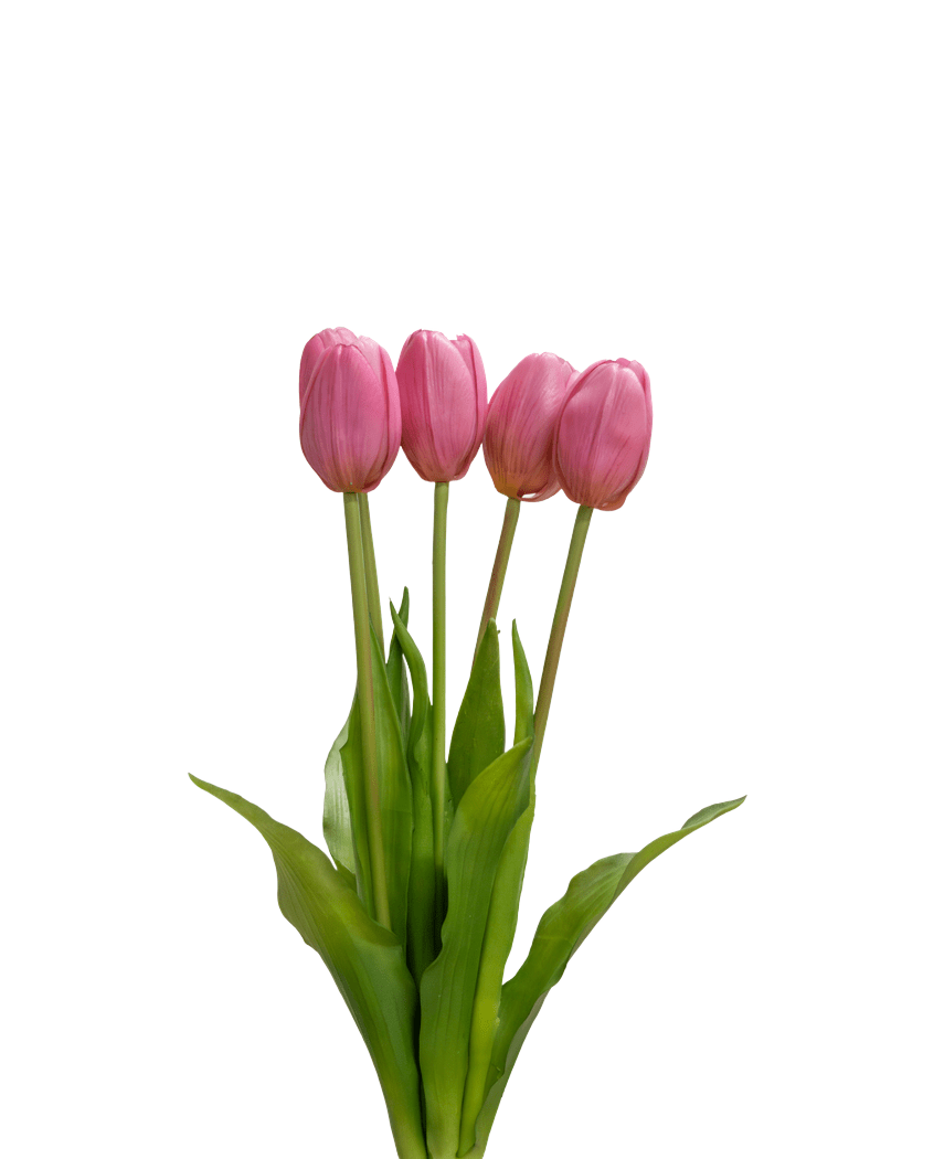Het Kunsttulpenboeket Real Touch Paars 40 cm heeft vier paarse tulpen met realistische groene bladeren en stelen, die rechtop staan tegen een effen witte achtergrond.