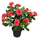 De Kunstplant mini roos UV 35 cm heeft een zwarte pot gevuld met een weelderige kunstrozenplant met meerdere bloeiende roze rozen en groene bladeren tegen een witte achtergrond.