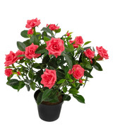 De Kunstplant mini roos 35 cm heeft levendige roze rozenbloemen en groene bladeren in een strakke zwarte pot, tegen een witte achtergrond.