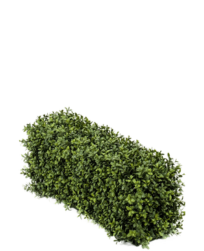 De Kunst Buxushaag UV 70x20x25 cm is een dichte, rechthoekige kunst buxusstruik met kleine groene blaadjes tegen een effen witte achtergrond.