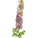 De Kunstbloem Delphinium 105 cm lila is een kunststeel van lichtpaarse en crème delphinium bloemen met groene bladeren, tegen een witte achtergrond.