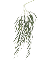 Het Kunstblad Treurwilg 134 cm brandvertragend heeft lange, slanke groene bladeren en dunne, trapsgewijze stengels tegen een effen witte achtergrond, een elegant, levensecht en vlamvertragend ontwerp.