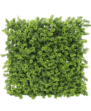 De Kunsthaag Moss 50x50 cm UV is een vierkant paneel van dicht, levendig groen kunstloof dat van bovenaf gezien lijkt op een weelderige haag of tuinmuur.