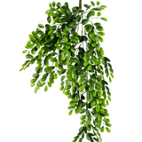 De Kunst hangplant Pumila 86 cm is een realistische kunsttak met meerdere stelen van kleine, heldergroene ovale bladeren, die weelderig en trapsgewijs lijken op een effen witte achtergrond.